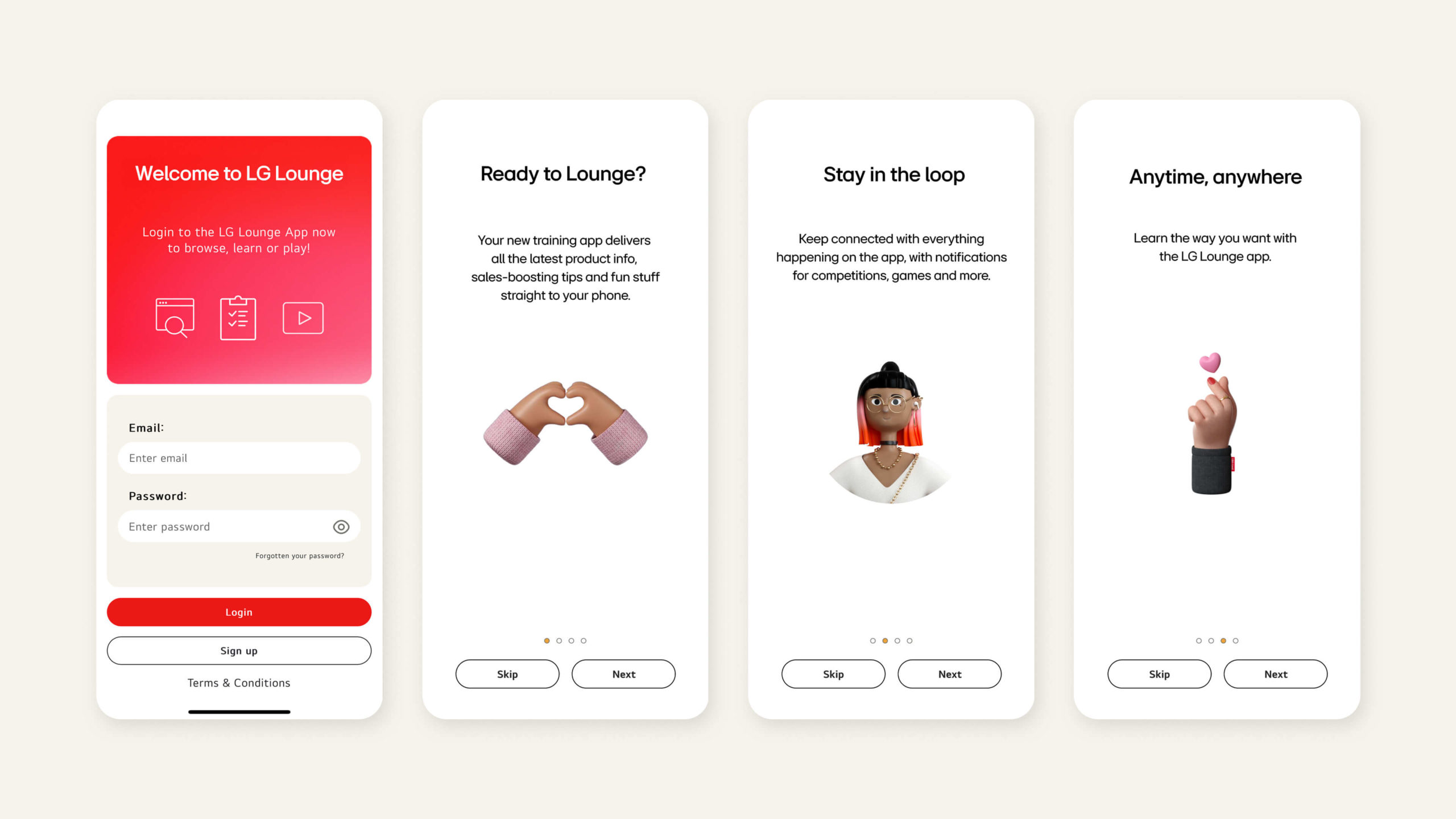 LG Lounge App welcome screens